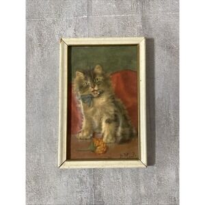 Daniel Merlin 1930s Embossed 3-d Kitten Lithograph Framed Puff Print Vintage